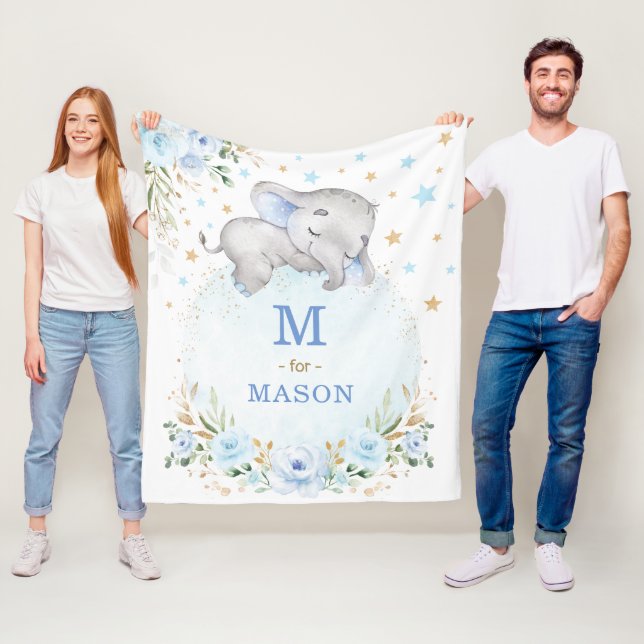 Adorable Baby Boy Elephant Blue Gold Stars Floral Fleecedecke (Beispiel)