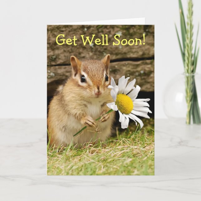 Adorable Baby Chipmunk mit Daisy - bald geht's gut Karte (Vorderseite)