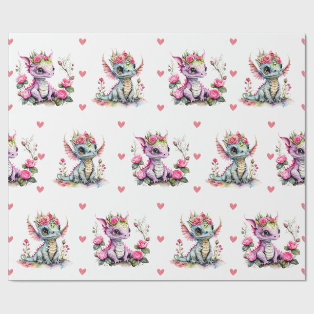 Adorable Baby Dragons & Hearts auf weißem Valentin Geschenkpapier (Flach)
