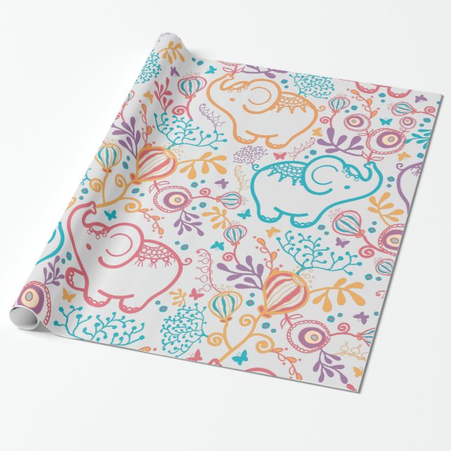Adorable Baby Elefanten und Blume Geschenkpapier (Ungerollt)