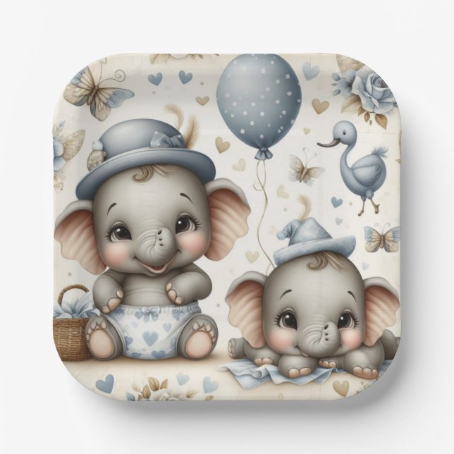 ADORABLE BABY ELEPHANS IN PASTEL BLUE & TAN PAPPTELLER (Vorderseite)