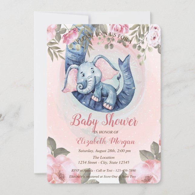 Adorable Baby Elephant Blumendots Babydusche Einladung (Vorderseite)