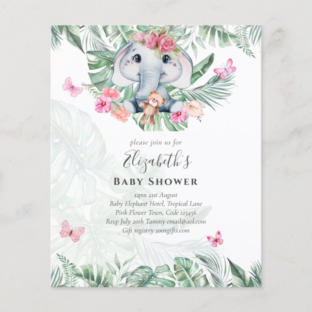 Adorable Baby Elephant Girls Baby Dusche lädt ein Flyer (Vorne)