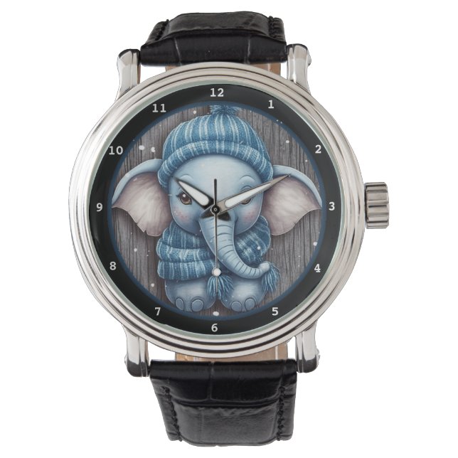 Adorable Baby Elephant in Snowy Scene Armbanduhr (Vorderseite)