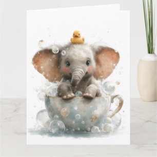 Adorable Baby Elephant in Teacup mit Gummiente Karte