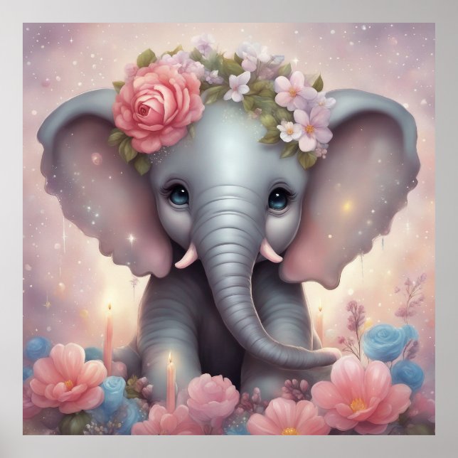 Adorable Baby Elephant mit Blume Poster (Vorne)