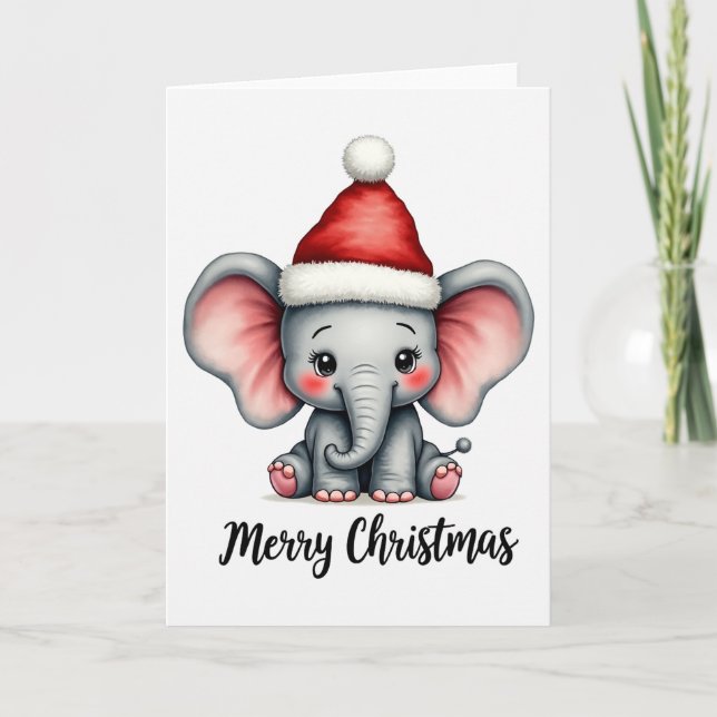 Adorable Baby Elephant Santa Hat Merry Christmas Karte (Vorderseite)
