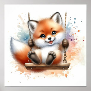 Adorable Baby Fox auf einem Swing Watercolor-Kinde Poster