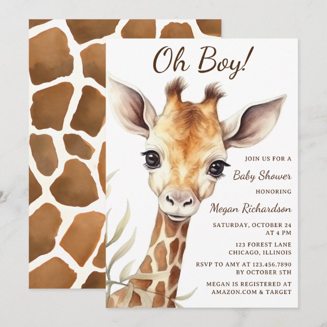 Adorable Baby Giraffe Oh Boy Baby Dusche Einladung (Vorne/Hinten)