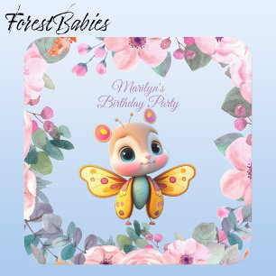 Adorable Baby Girl Butterfly Geburtstagsparty Quadratischer Aufkleber