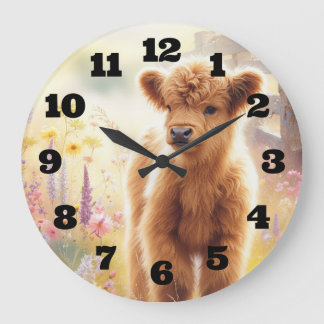 Adorable Baby Highland Cow In Flower Field Große Wanduhr