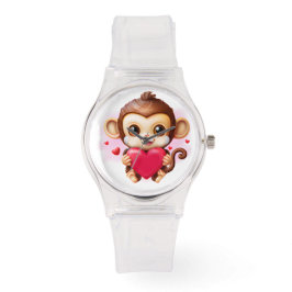 Adorable Baby Monkey hält ein rotes Herz Armbanduhr