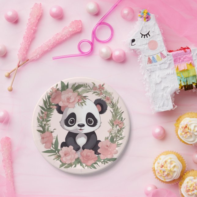 Adorable Baby Panda Bär mit Blume Pappteller (Party)