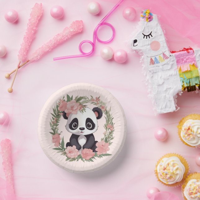 Adorable Baby Panda Bär mit Blume Pappteller (Party)