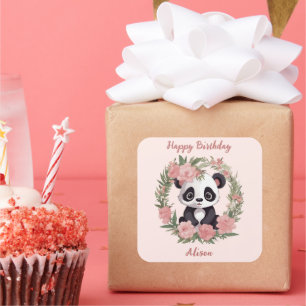 Adorable Baby Panda Bär mit Blume Quadratischer Aufkleber