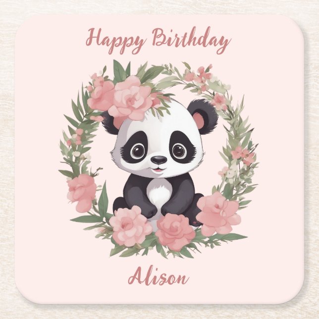 Adorable Baby Panda Bär mit Blume Rechteckiger Pappuntersetzer (Vorderseite)