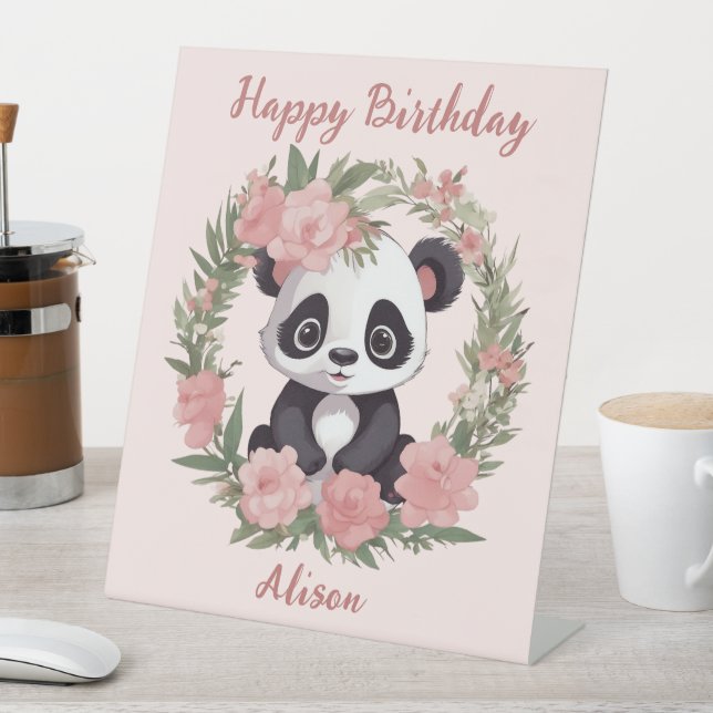 Adorable Baby Panda Bär mit Blume Sockelschild (In Situ)