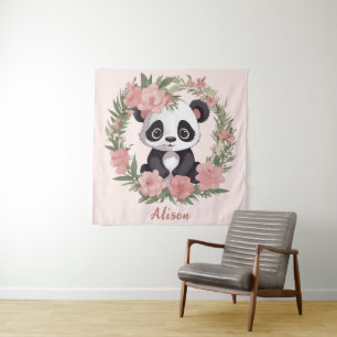Adorable Baby Panda Bär mit Blume Wandteppich