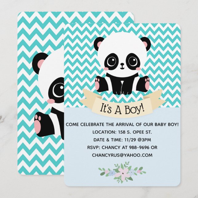 Adorable Baby Panda Blue Baby Dusche Einladungen (Vorne/Hinten)