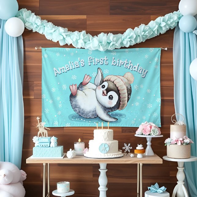 Adorable Baby Penguin Geburtstag Niedliche Wasserf Banner (Baby Penguin themed party decor: Custom 1st birthday banner Winter wonderland snowflakes & aqua blue)