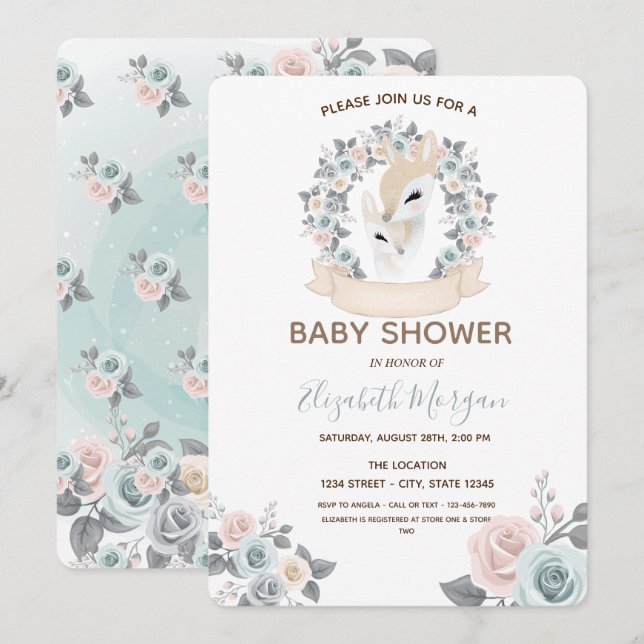Adorable Baby Rentiers Blume Babydusche Einladung (Vorne/Hinten)