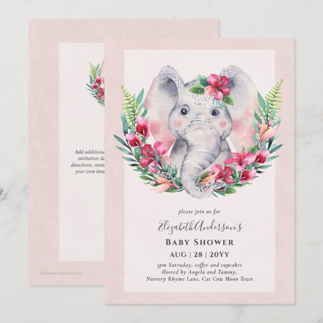 Adorable Baby shower floral éléphant Invitation (Devant / Derrière)