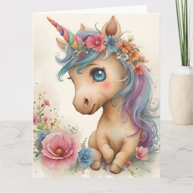 Adorable Baby Unicorn Wasserfarbe Karte (Vorderseite)