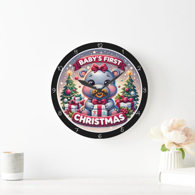 Adorable Baby's First Hippopotamus Christmas Große Wanduhr (Zuhause)