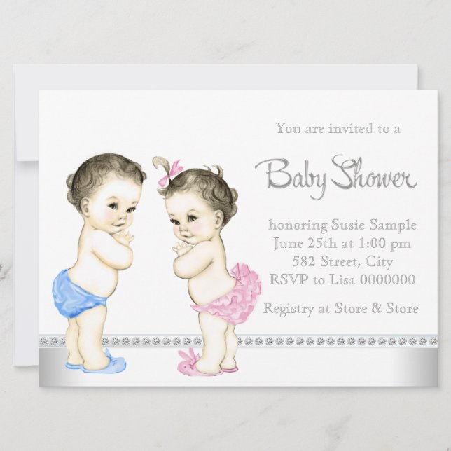 Adorable Babys Pink und Blue Twin Baby Dusche Einladung (Vorderseite)