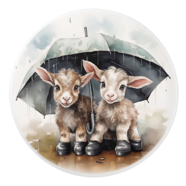 Adorable Babyziegen im Regen Keramikknauf (Vorderseite)