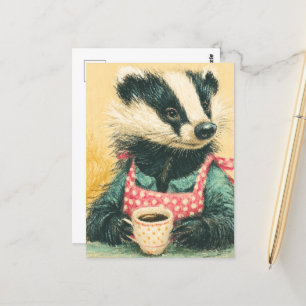 Adorable Badger mit Kaffee Red Polka Dot Schürze Postkarte