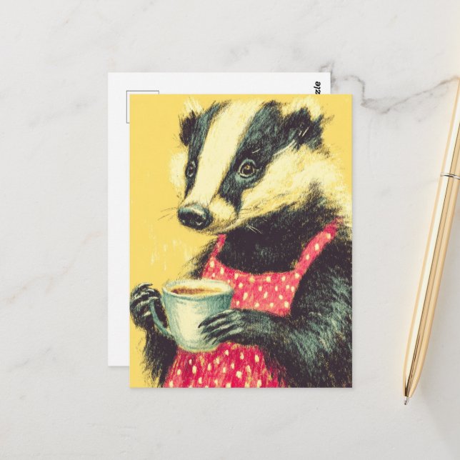 Adorable Badger Red Polka Dot Schürze mit Kaffee Postkarte (Vorderseite/Rückseite Beispiel)