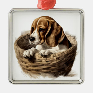 ADORABLE BEAGLE PUPPING HUND IN BASKET ORNAMENT AUS METALL