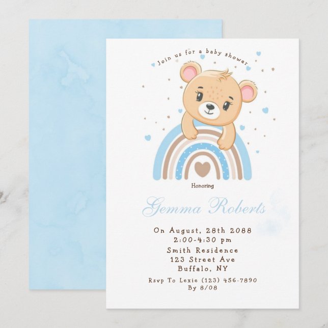 Adorable Bear Boho Rainbow Boy Baby Dusche Einladung (Vorne/Hinten)