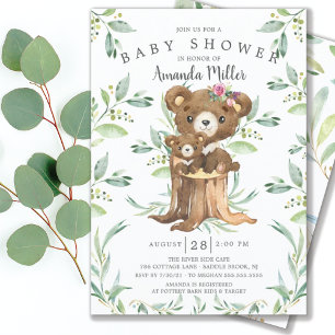 Adorable bébé ours et maman Baby shower Invitation