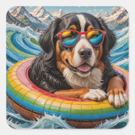Adorable Berner Hund genießt Floattrip Quadratischer Aufkleber