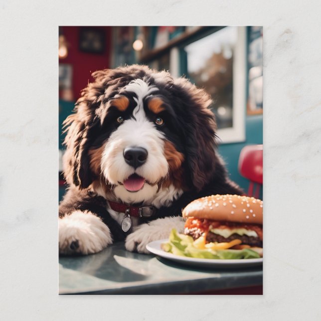 Adorable Bernerdoodle am Diner Postkarte (Vorderseite)