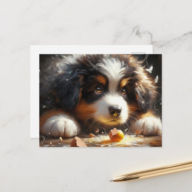 Adorable Bernese Mountain Hund Welpe zerbrochen Ei Postkarte (Vorderseite/Rückseite Beispiel)