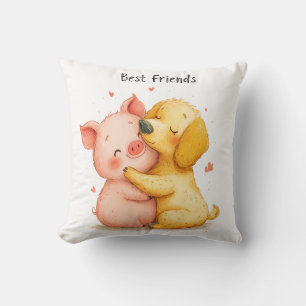 Adorable "Best Friends" Pig and Dog Throw Kissen