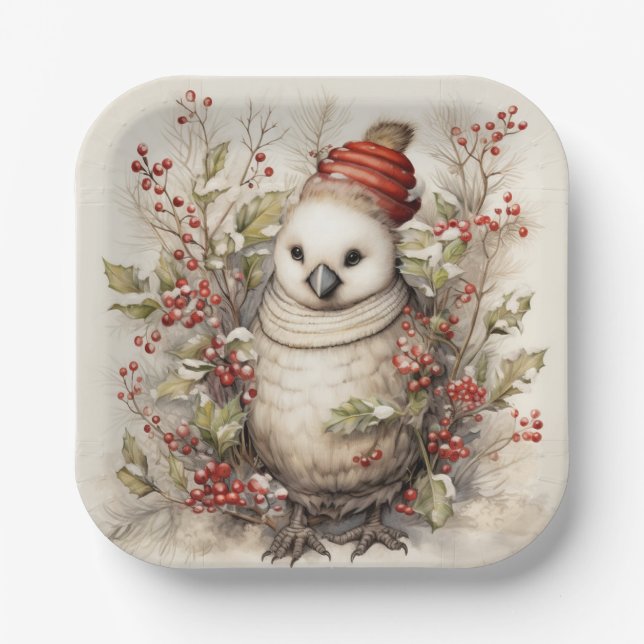 Adorable Bird Wear Red Cap Holly Red Berries Pappteller (Vorderseite)