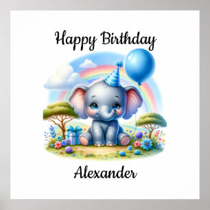 Adorable Birthday Elephant in Blue Party Hat Poster