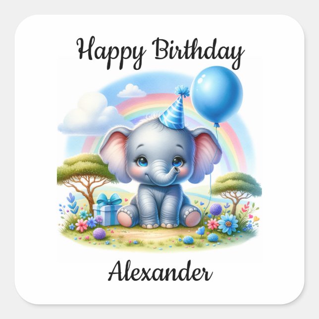 Adorable Birthday Elephant in Blue Party Hat Quadratischer Aufkleber (Vorderseite)
