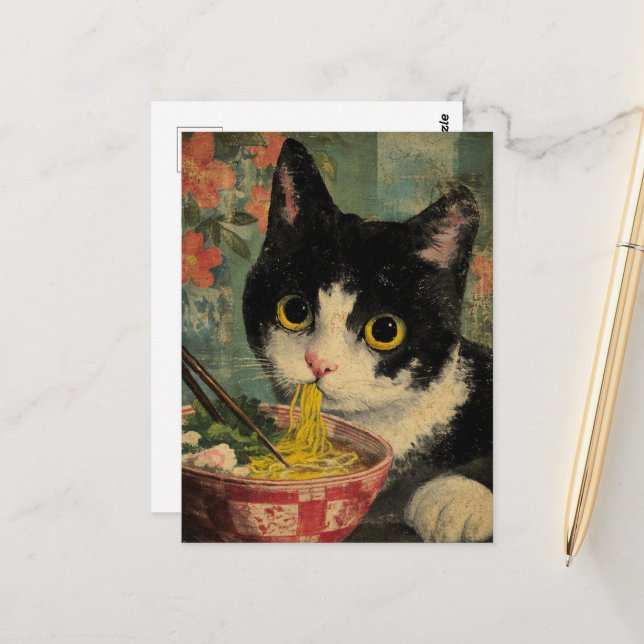Adorable Black and White Cat Eating Noodles Postkarte (Vorderseite/Rückseite Beispiel)