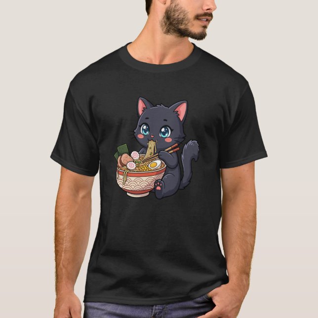 Adorable Black Cat Eating Ramen Kawaii Design Boys T-Shirt (Vorderseite)