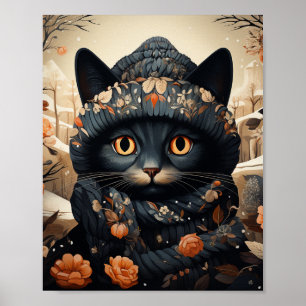 Adorable Black Cat in einem Scarf und Hut Poster