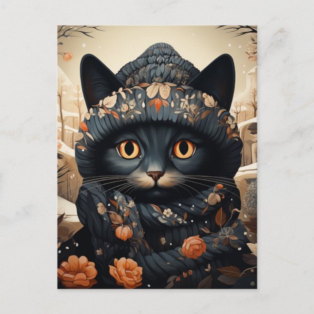 Adorable Black Cat in einem Scarf und Hut Postkarte (Vorderseite)