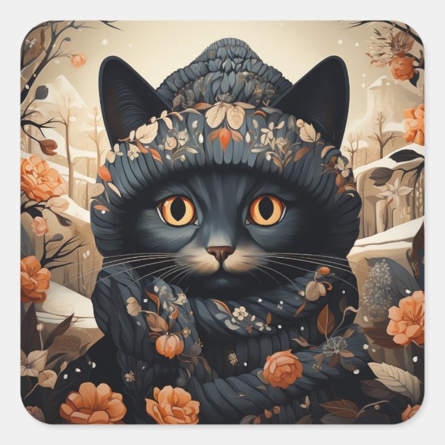Adorable Black Cat in einem Scarf und Hut Quadratischer Aufkleber (Vorderseite)