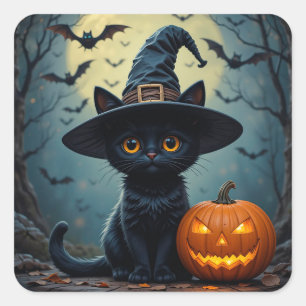Adorable Black Cat Wear Hexenhut Quadratischer Aufkleber