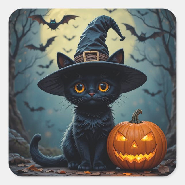 Adorable Black Cat Wear Hexenhut Quadratischer Aufkleber (Vorderseite)