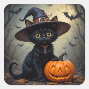 Adorable Black Cat Wear Hexenhut Quadratischer Aufkleber
